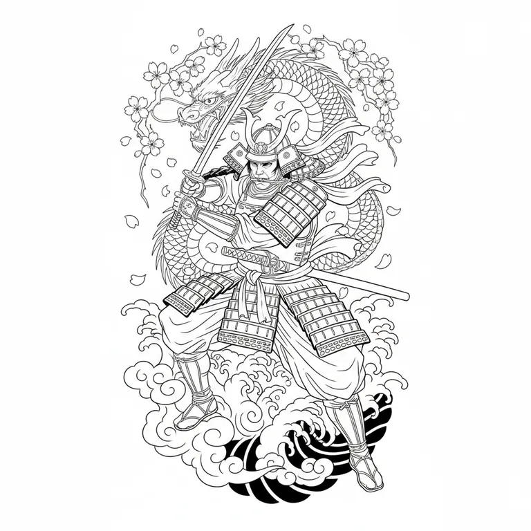 Samurai tattoo design, fine line black ink style
