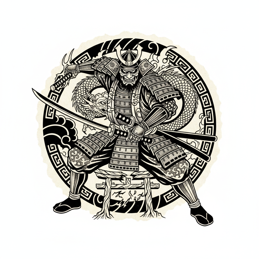 Samurai tattoo design, bold blackwork style