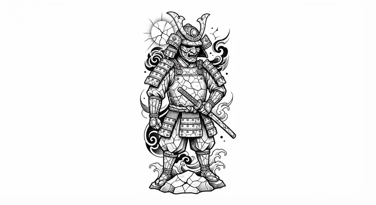Samurai tattoo design, cracked porcelain inspired blackwork style