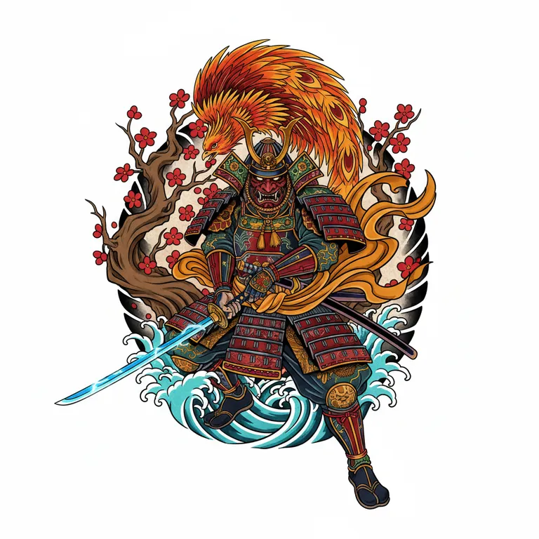 Samurai tattoo design, neo-traditional color style