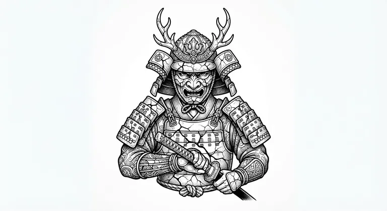 Samurai tattoo design, cracked porcelain inspired blackwork style