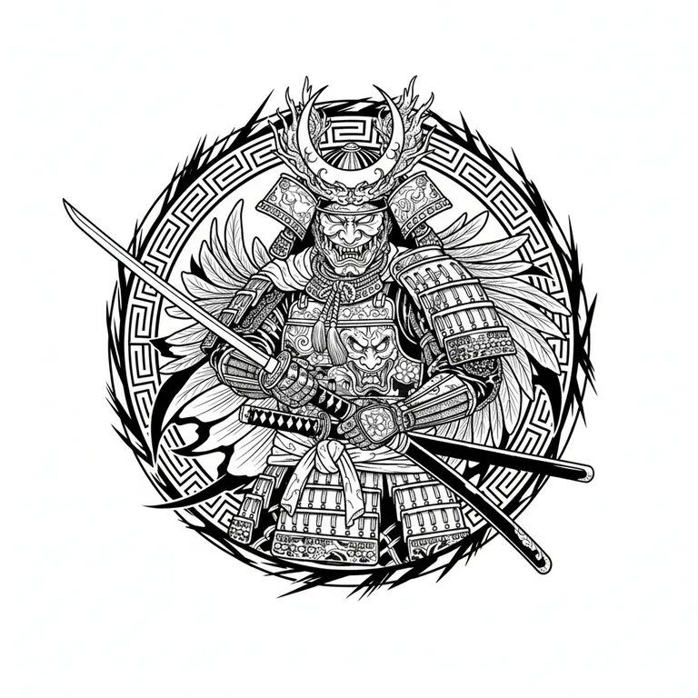 Samurai tattoo design, bold blackwork style