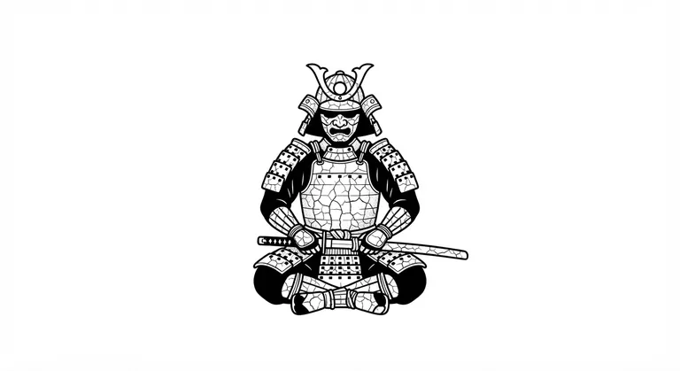 Samurai tattoo design, cracked porcelain inspired blackwork style