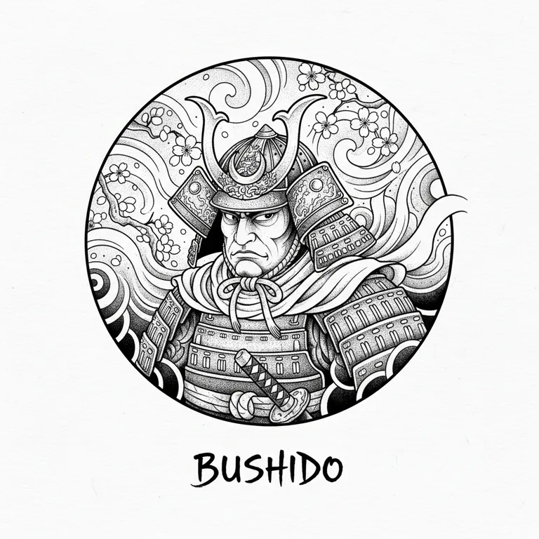 Samurai tattoo design, dotwork shading style