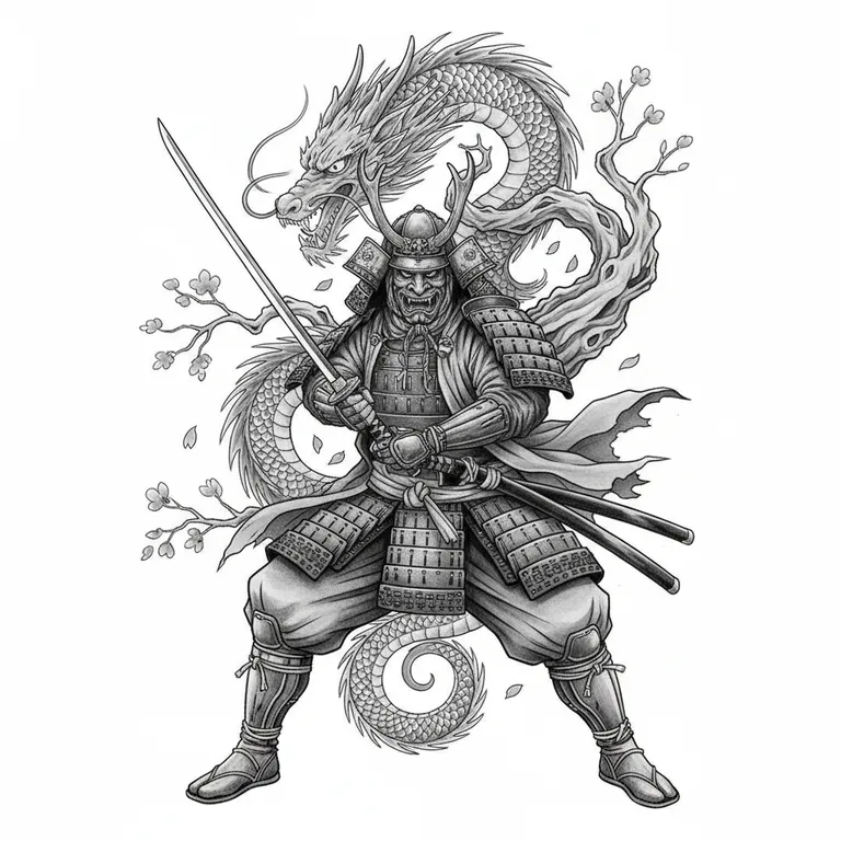 Samurai tattoo design, black and grey realism style