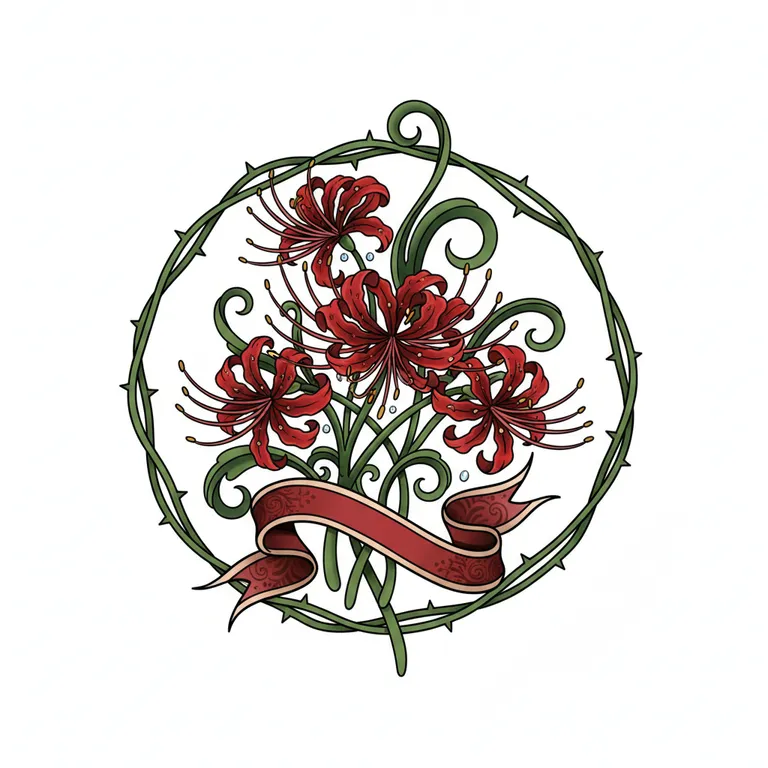 Spider Lily tattoo design, neo-traditional color style