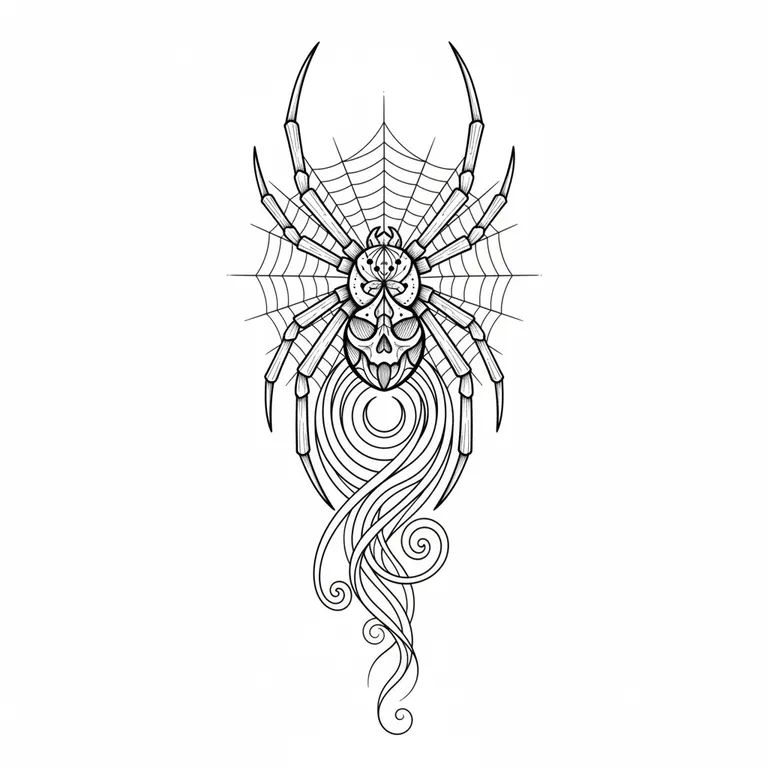 Spider tattoo design, fine line black ink style