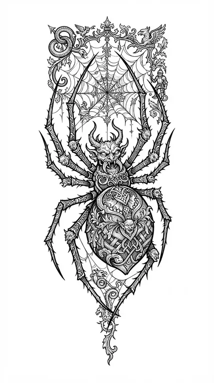Spider tattoo design, medieval bestiary marginalia in black ink style