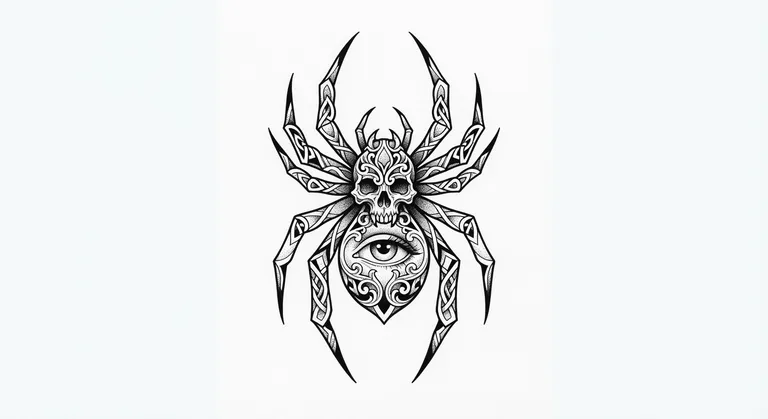 Spider tattoo design, surreal negative-space optical illusion in black ink style