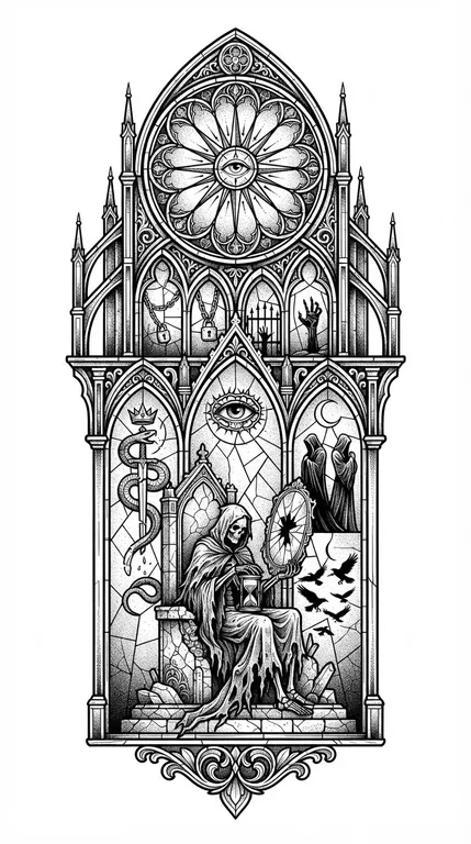 gothic stained-glass structure rendered in black ink design