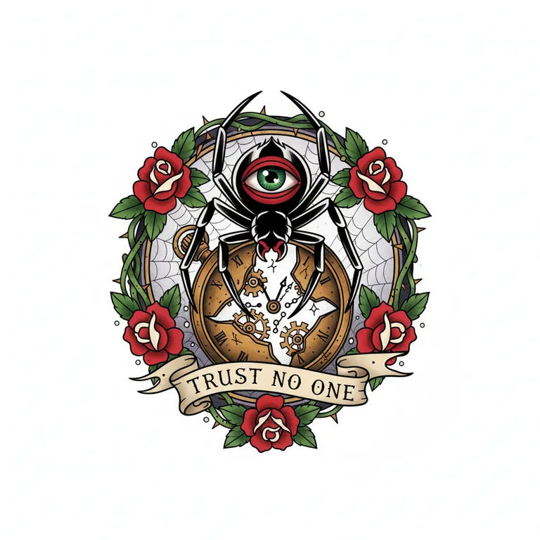 Trust No One tattoo design, neo-traditional color style