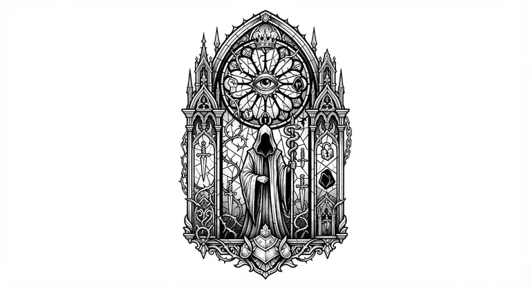 gothic stained-glass structure rendered in black ink design