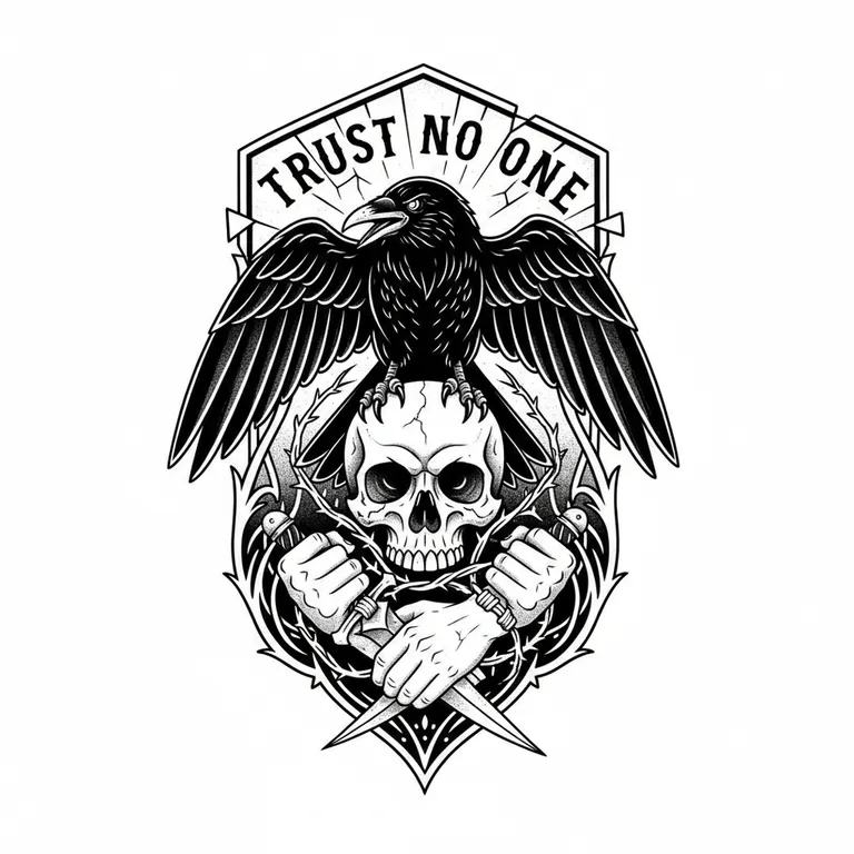 Trust No One tattoo design, bold blackwork style