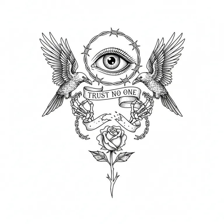 Trust No One tattoo design, fine line black ink style