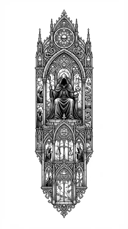 gothic stained-glass structure rendered in black ink design