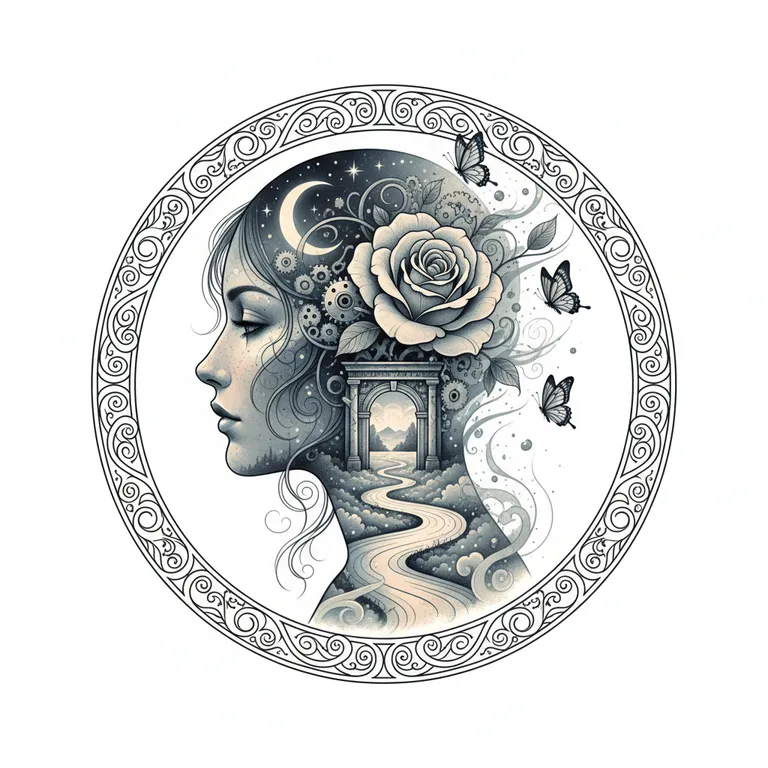 Tutto Passa tattoo design, surreal double exposure style