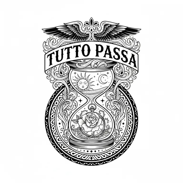 Tutto Passa tattoo design, bold blackwork style