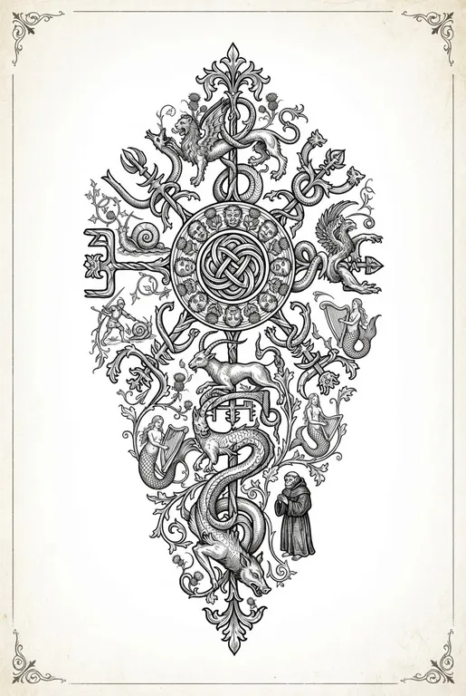 medieval bestiary marginalia in black ink design