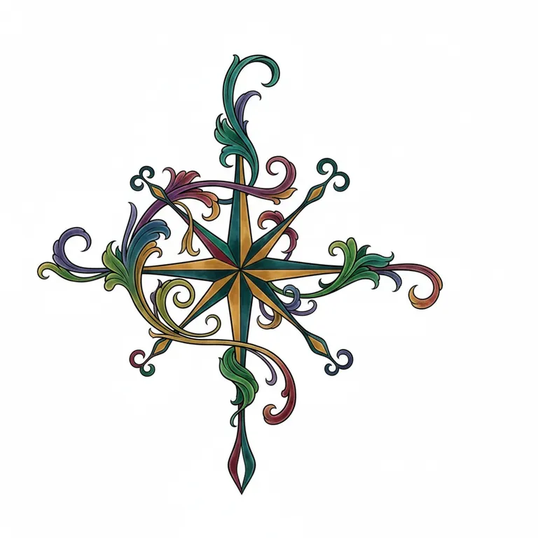 Vegvisir tattoo design, art nouveau flowing color style
