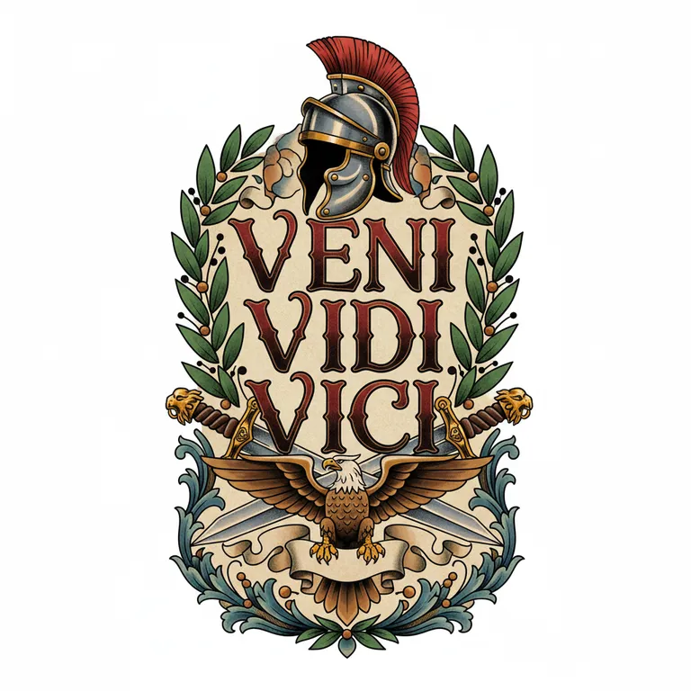 Veni Vidi Vici tattoo design, neo-traditional color style