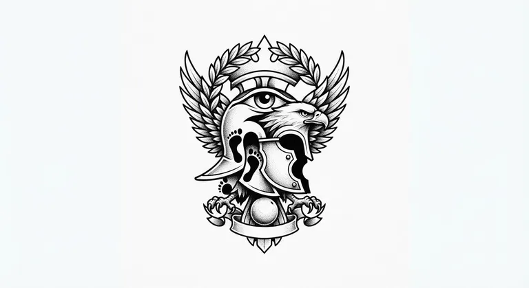 Veni Vidi Vici tattoo design, surreal negative-space optical illusion in black ink style