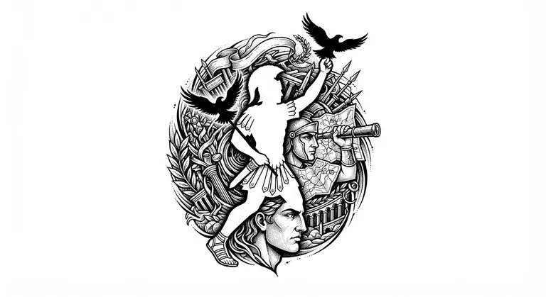 Veni Vidi Vici tattoo design, surreal negative-space optical illusion in black ink style