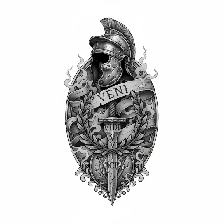 Veni Vidi Vici tattoo design, black and grey realism style