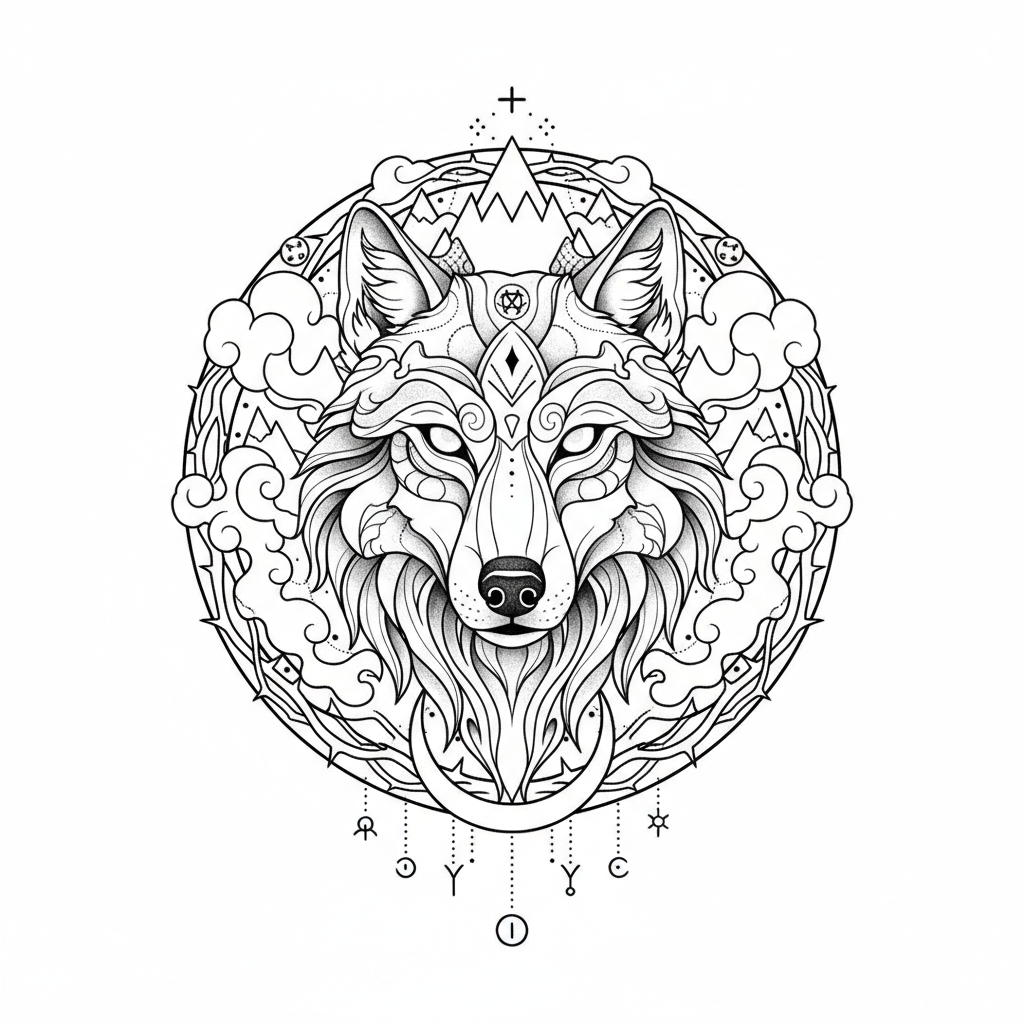 Wolf tattoo design, fine line black ink style