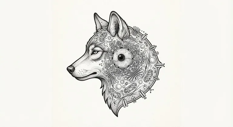 Wolf tattoo design, microscopic cell diagram stippling style