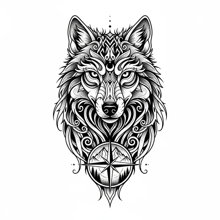 Wolf tattoo design, fine line black ink style