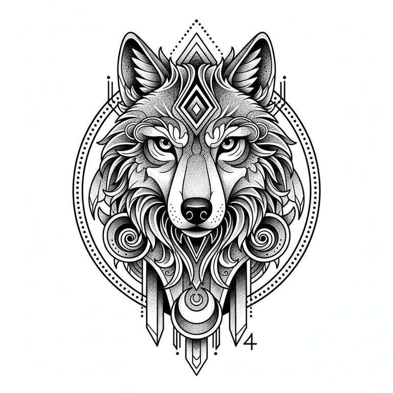 Wolf tattoo design, dotwork shading style