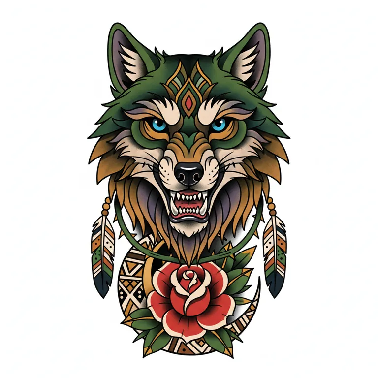 Wolf tattoo design, neo-traditional color style
