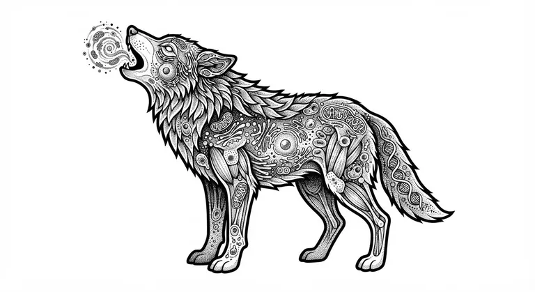 Wolf tattoo design, microscopic cell diagram stippling style
