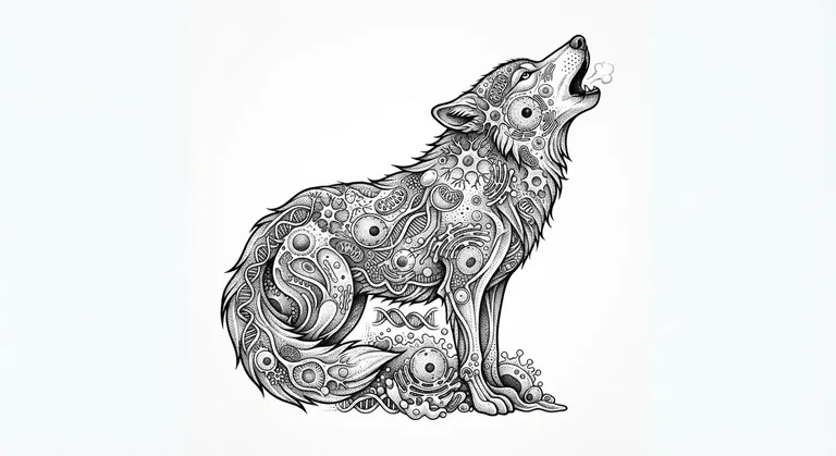 Wolf tattoo design, microscopic cell diagram stippling style