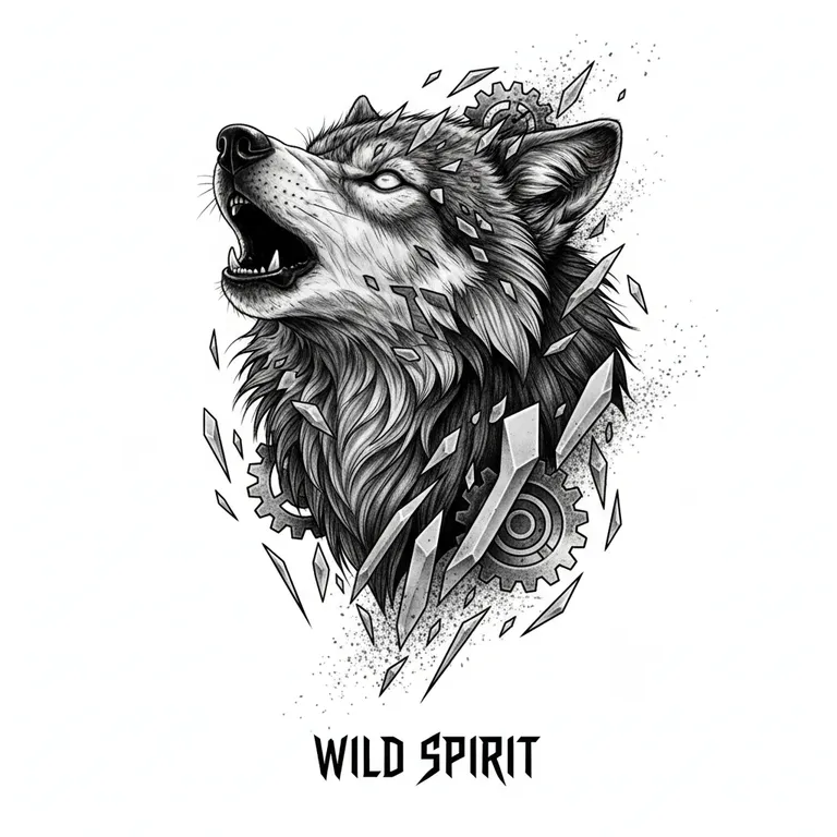 Wolf tattoo design, black and grey realism style