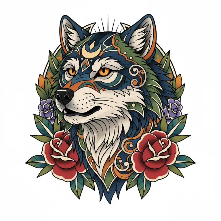 Wolf tattoo design, neo-traditional color style