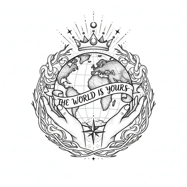 The World Is Yours tattoo design, dotwork shading style