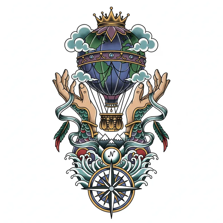 The World Is Yours tattoo design, neo-traditional color style