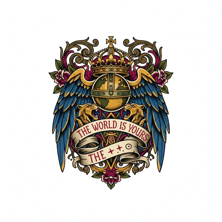 The World Is Yours tattoo design, neo-traditional color style