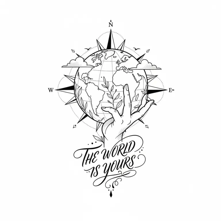 The World Is Yours tattoo design, fine line black ink style