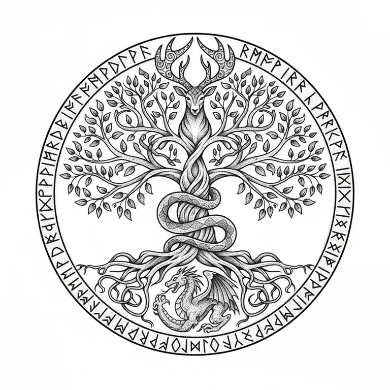 Yggdrasil tattoo design, dotwork shading style