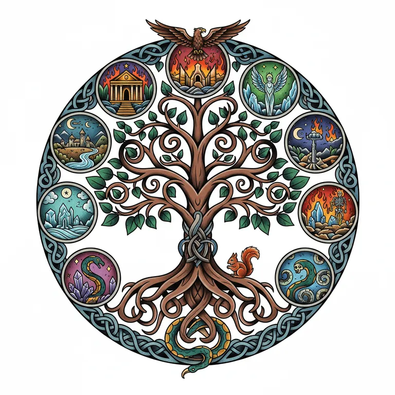 Yggdrasil tattoo design, neo-traditional color style