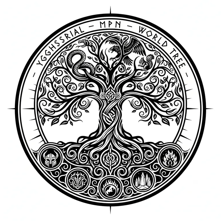 Yggdrasil tattoo design, bold blackwork style