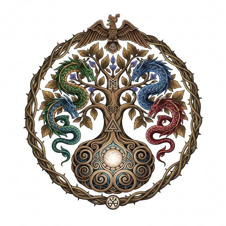Yggdrasil tattoo design, neo-traditional color style