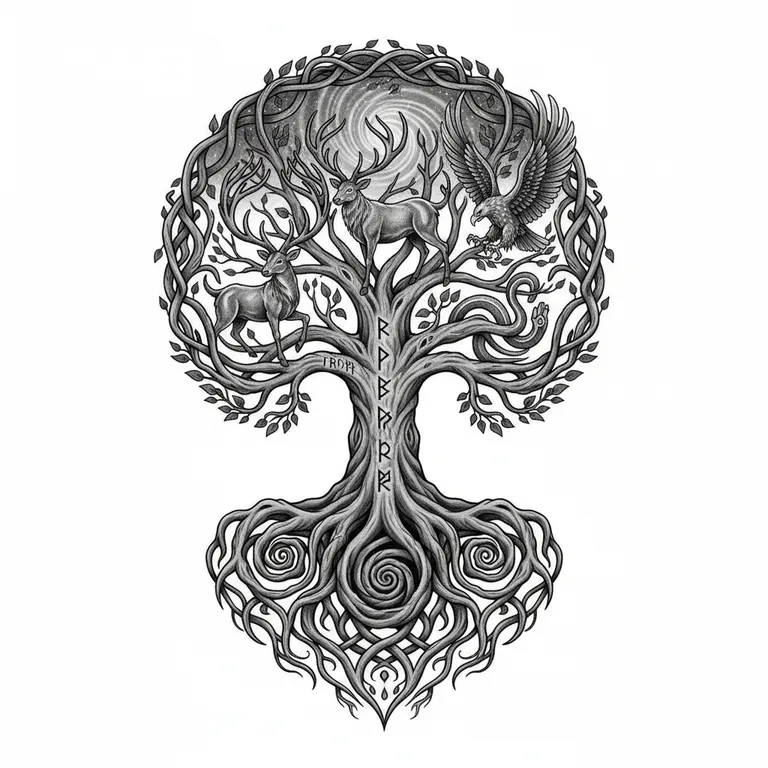 Yggdrasil tattoo design, black and grey realism style