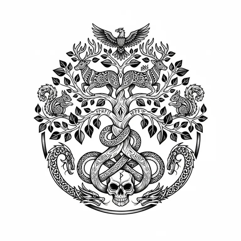 Yggdrasil tattoo design, bold blackwork style