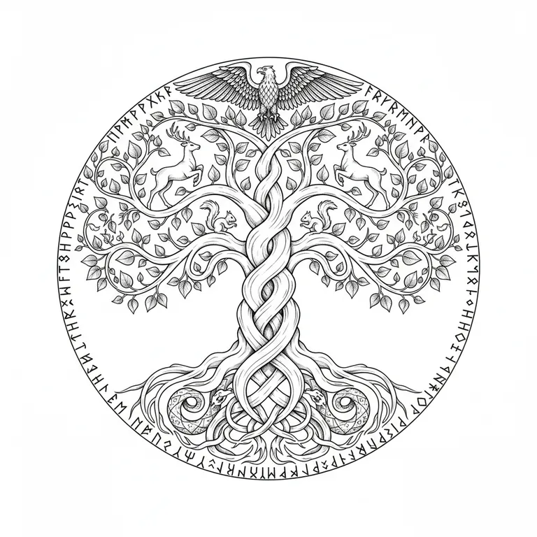 Yggdrasil tattoo design, fine line black ink style