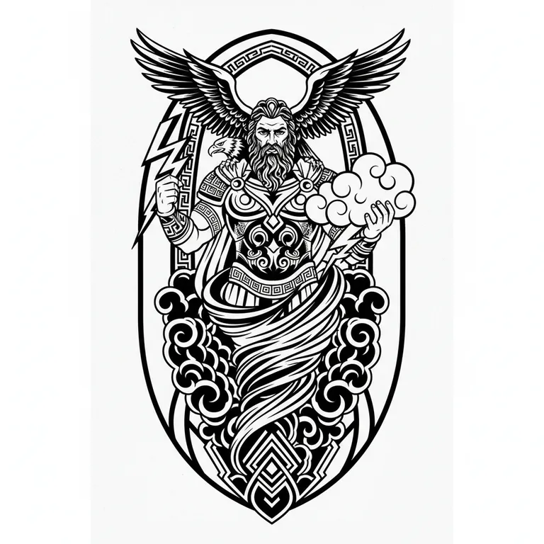 Zeus tattoo design, bold blackwork style