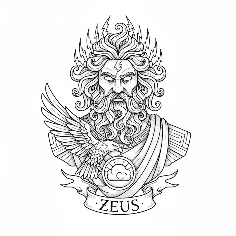 Zeus tattoo design, fine line black ink style