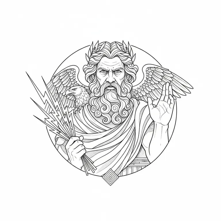 Zeus tattoo design, fine line black ink style